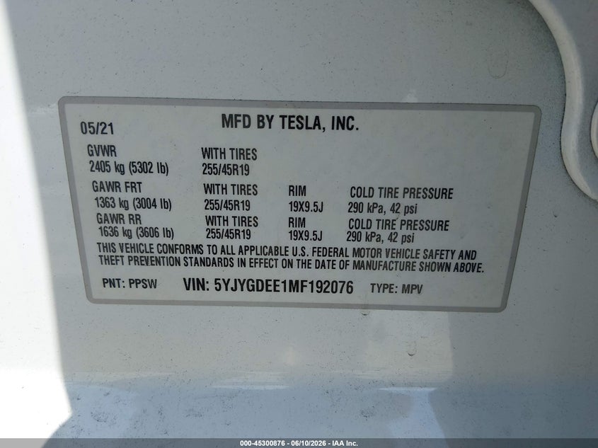 2021 Tesla Model y VIN 5YJYGDEE1MF192076 IAAI salvage auction — FRONT & REAR, Salvage (Georgia), sold $9,000 on 2026-07-09 (photo 9)