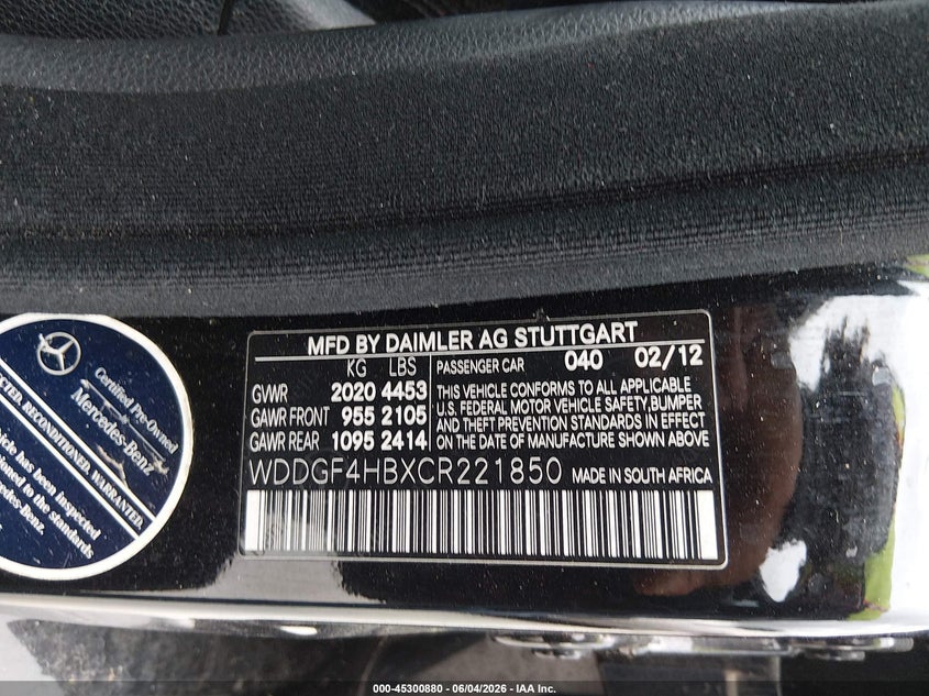2012 Mercedes-benz C-klasse VIN WDDGF4HBXCR221850 IAAI salvage auction — NORMAL WEAR, Original (Texas), sold $800 on 2026-07-13 (photo 9)