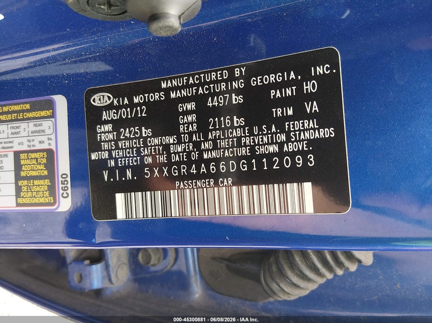 2013 Kia Optima VIN 5XXGR4A66DG112093 IAAI salvage auction — FRONT END, Salvage (Louisiana), sold $250 on 2026-07-29 (photo 9)