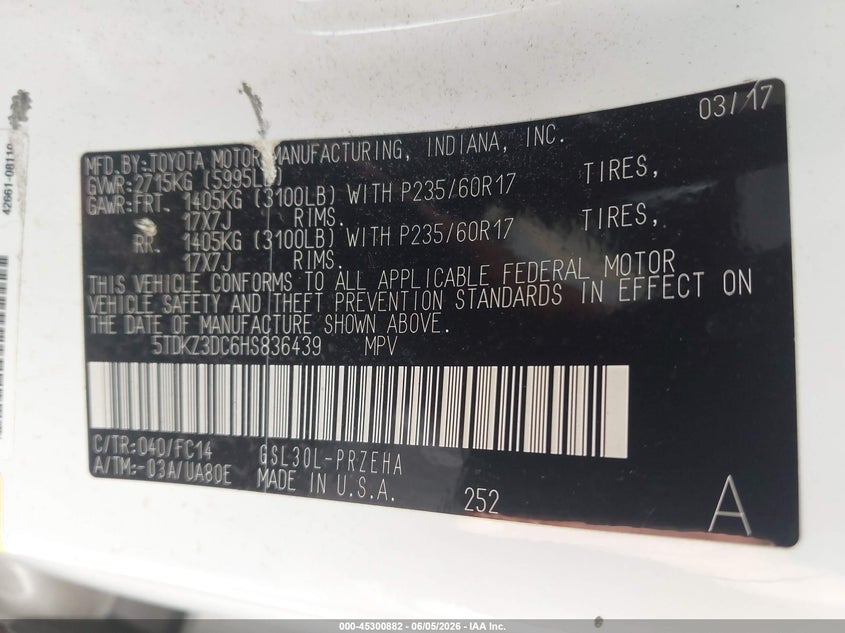 2017 Toyota Sienna VIN 5TDKZ3DC6HS836439 IAAI salvage auction — NORMAL WEAR, Clear (Virginia), sold $3,550 on 2026-07-14 (photo 9)