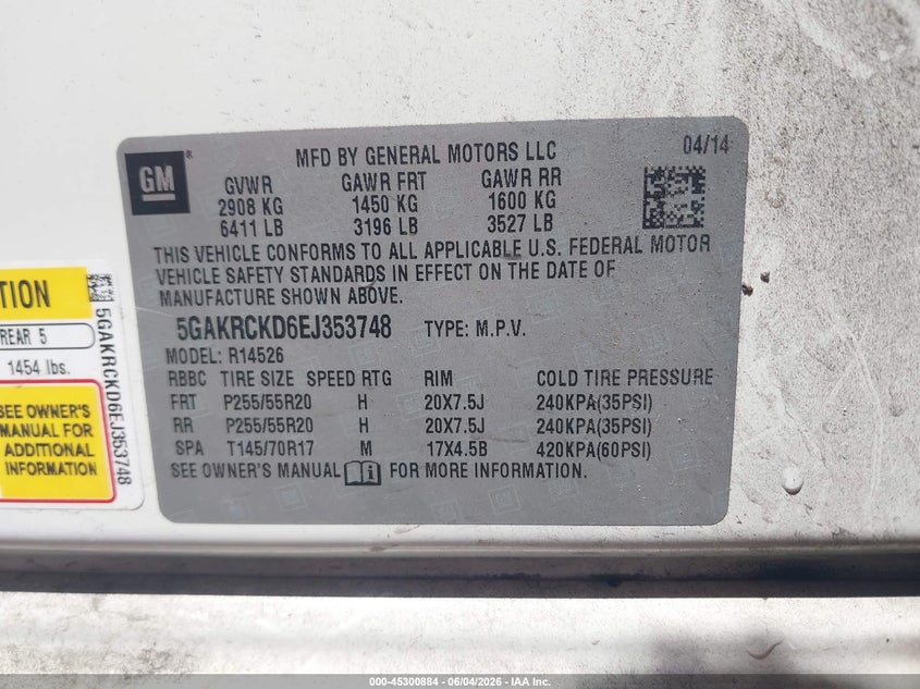 2014 Buick Enclave VIN 5GAKRCKD6EJ353748 IAAI salvage auction — RIGHT FRONT, Salvage (Alabama), sold $775 on 2026-08-26 (photo 9)