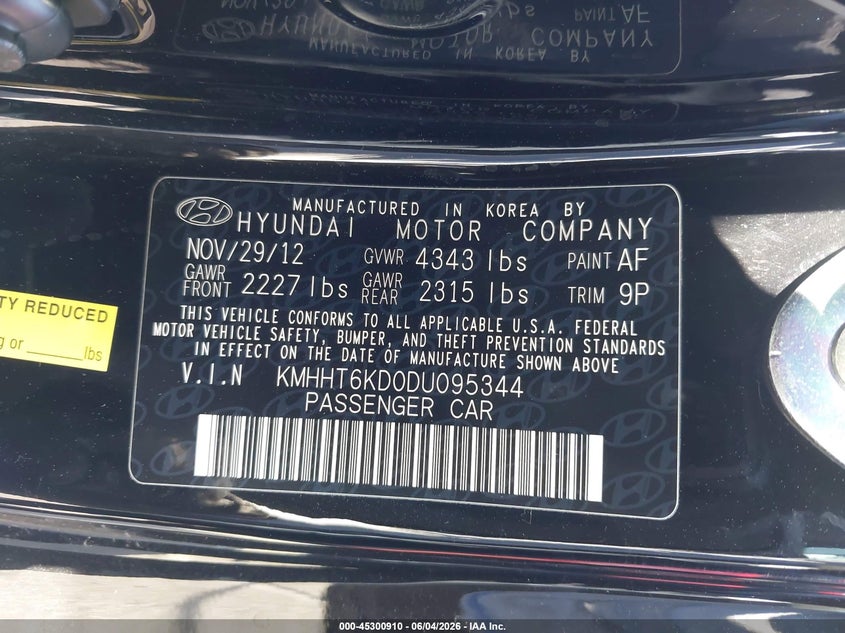 2013 Hyundai Genesis VIN KMHHT6KD0DU095344 IAAI salvage auction — RIGHT SIDE, Salvage Title, sold $1,300 on 2026-07-23 (photo 9)