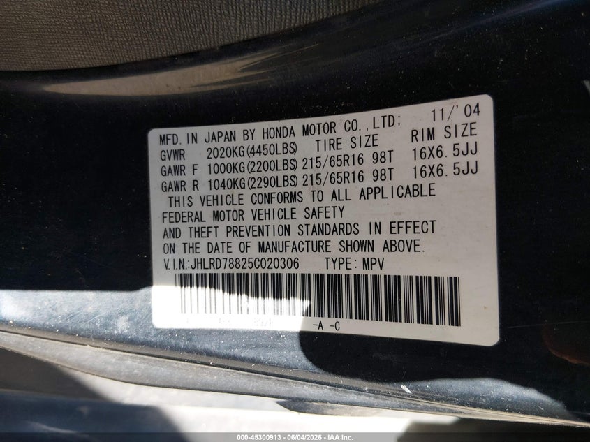 2005 Honda Cr-v VIN JHLRD78825C020306 IAAI salvage auction — NORMAL WEAR, Clear - Dealer Only (California), sold $800 on 2026-07-21 (photo 9)