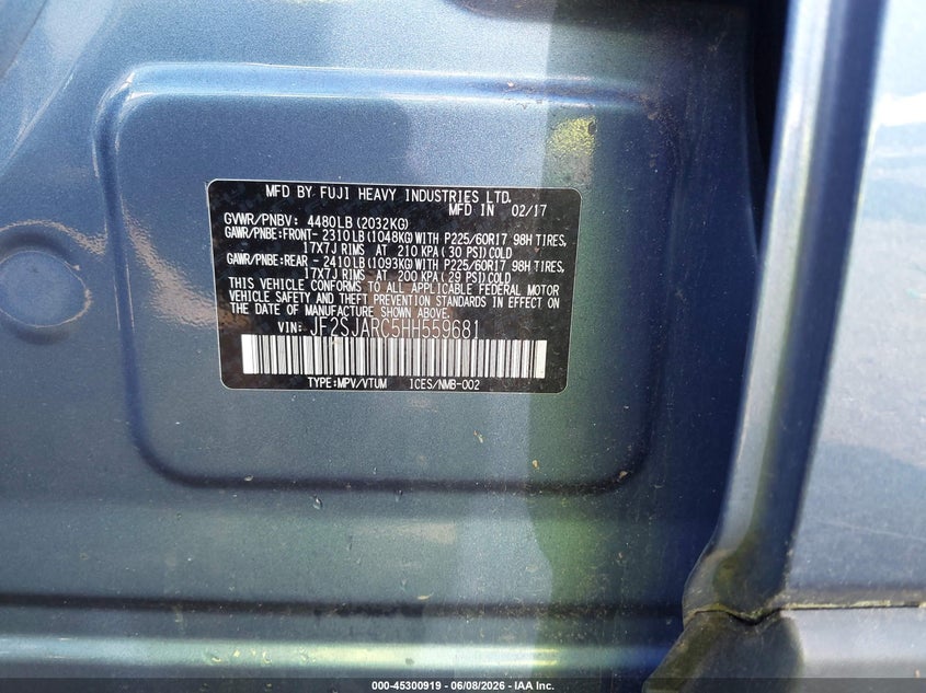 2017 Subaru Forester VIN JF2SJARC5HH559681 IAAI salvage auction — VANDALISM, Salvage (Massachusetts), sold $1,150 on 2026-07-31 (photo 9)