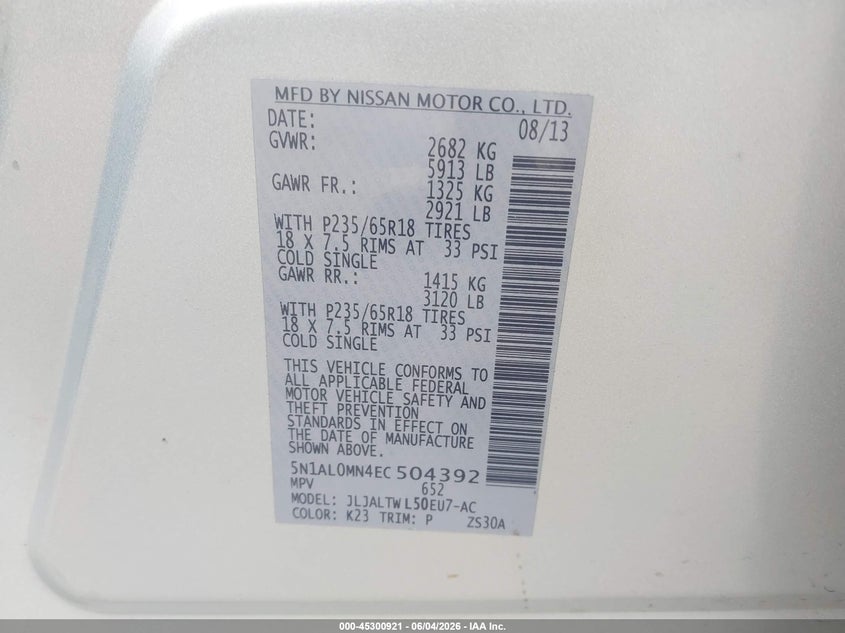2014 Infiniti Qx60 VIN 5N1AL0MN4EC504392 IAAI salvage auction — NORMAL WEAR, Clear (Arkansas), sold $750 on 2026-07-17 (photo 9)