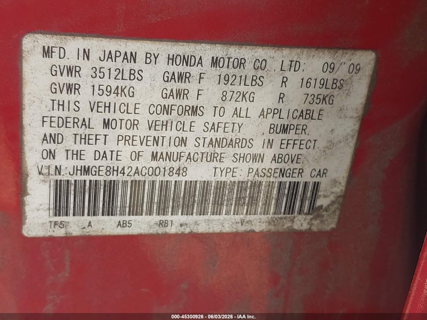 2010 Honda Fit VIN JHMGE8H42AC001848 IAAI salvage auction — NORMAL WEAR, Original (Ohio), sold $725 on 2026-07-22 (photo 8)