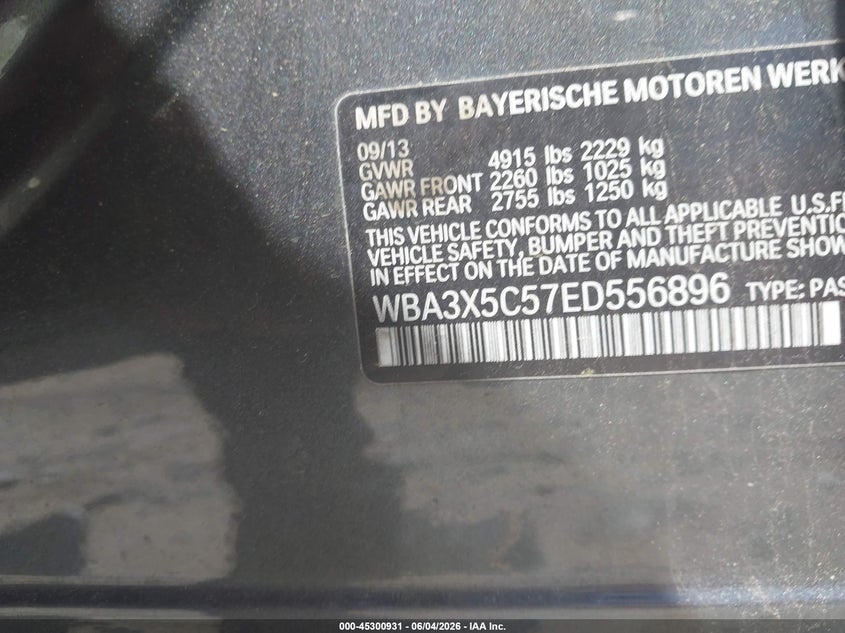 2014 BMW 3er VIN WBA3X5C57ED556896 IAAI salvage auction — REAR END, Wait Title, sold $1,800 on 2026-08-30 (photo 9)
