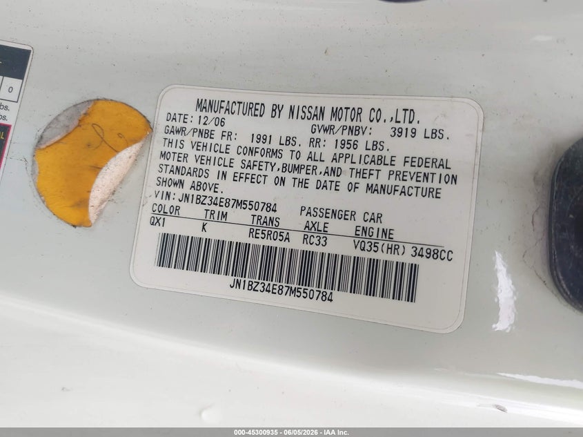 2007 Nissan 350z VIN JN1BZ34E87M550784 IAAI salvage auction — FRONT & REAR, Salvage (Illinois), sold $2,550 on 2026-07-29 (photo 9)