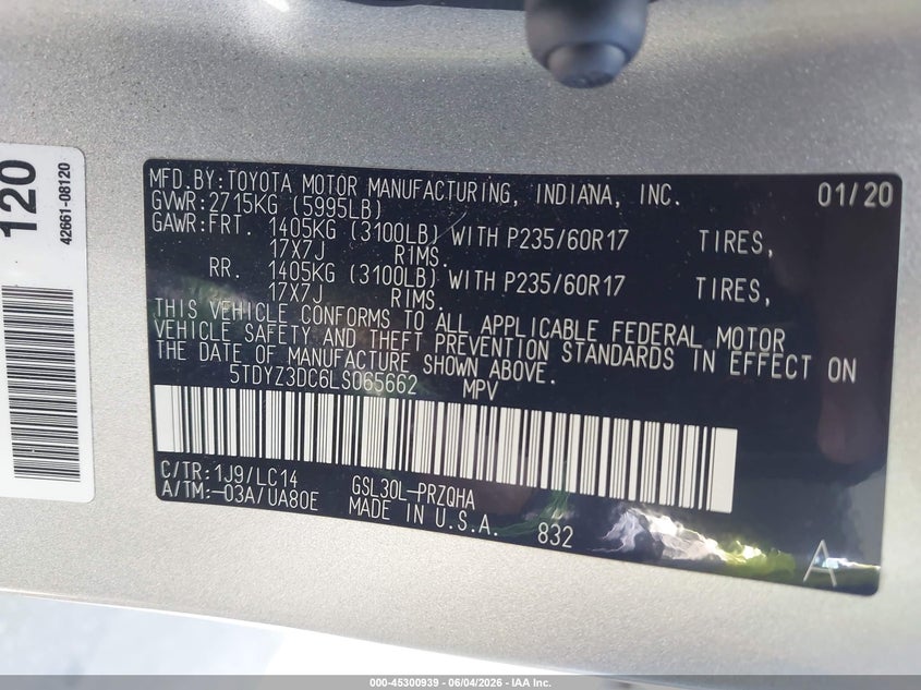2020 Toyota Sienna VIN 5TDYZ3DC6LS065662 IAAI salvage auction — FRONT & REAR, Salvage Title, sold $2,350 on 2026-07-31 (photo 9)