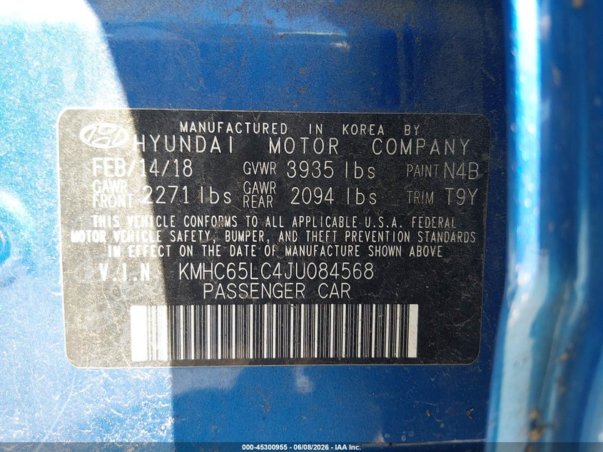 2018 Hyundai Ioniq VIN KMHC65LC4JU084568 IAAI salvage auction — REAR END, Salvage Title, sold $1,600 on 2026-07-16 (photo 9)