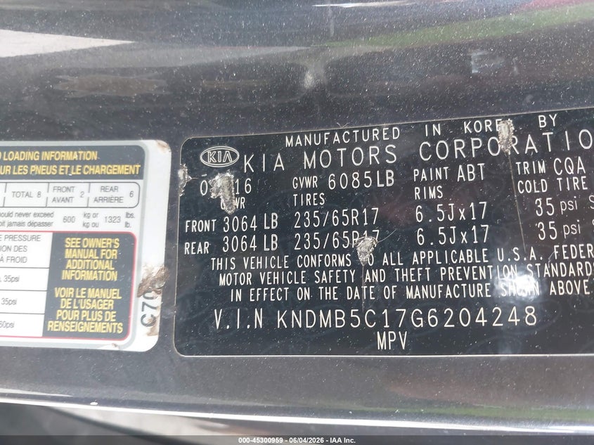 2016 Kia SEDONA VIN KNDMB5C17G6204248 IAAI salvage auction — RIGHT SIDE, Salvage Title, sold $1,450 on 2026-07-16 (photo 9)