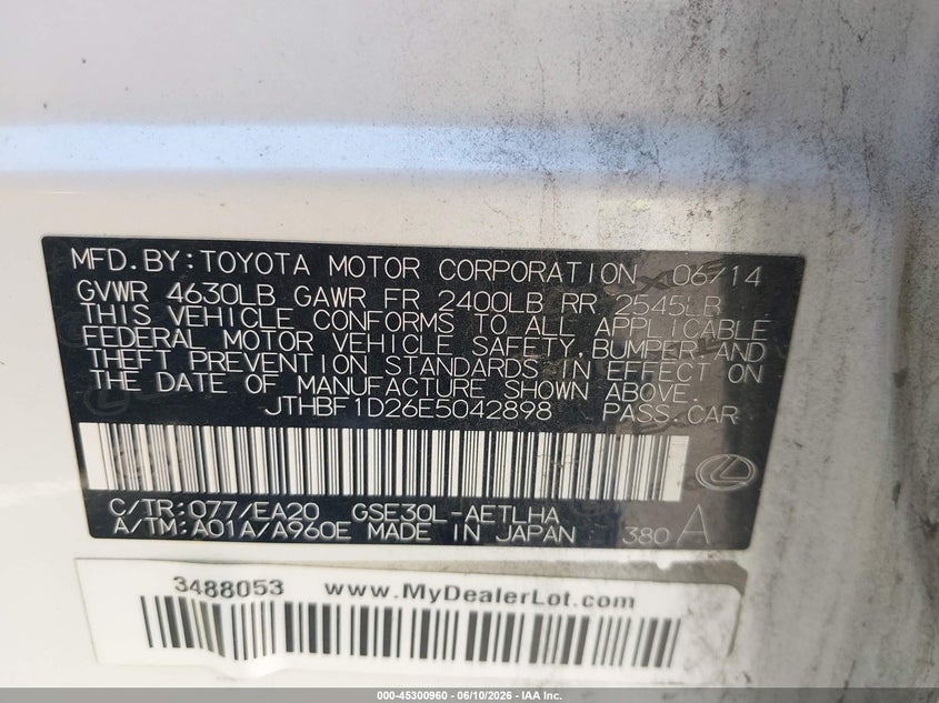 2014 Lexus Is VIN JTHBF1D26E5042898 IAAI salvage auction — HAIL, Original (Texas), sold $4,925 on 2026-07-22 (photo 9)
