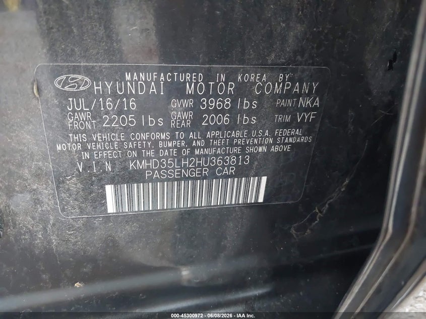2017 Hyundai Elantra VIN KMHD35LH2HU363813 IAAI salvage auction — HAIL, Salvage Title, sold $1,550 on 2026-07-06 (photo 9)