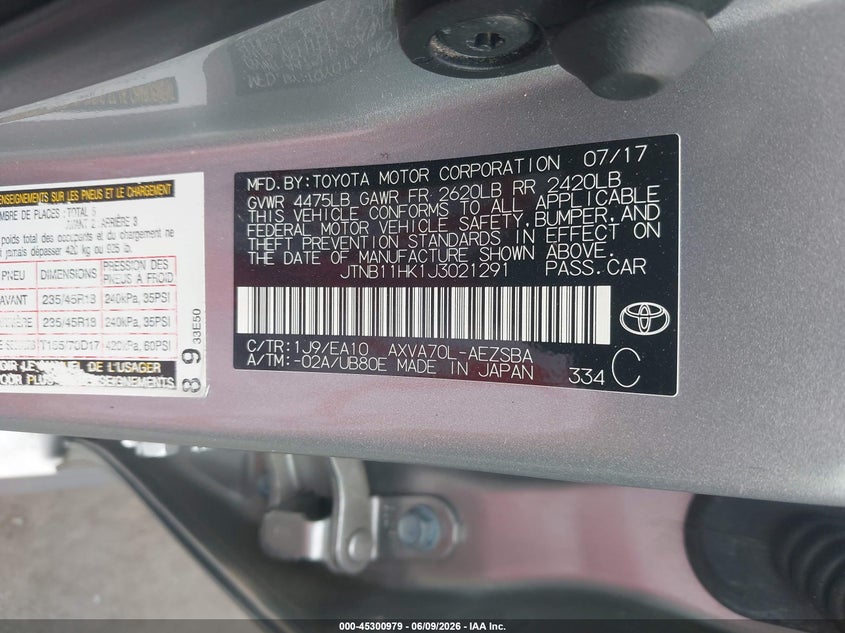 2018 Toyota Camry VIN JTNB11HK1J3021291 IAAI salvage auction — SIDE, Salvage Title, sold $4,275 on 2026-07-16 (photo 9)