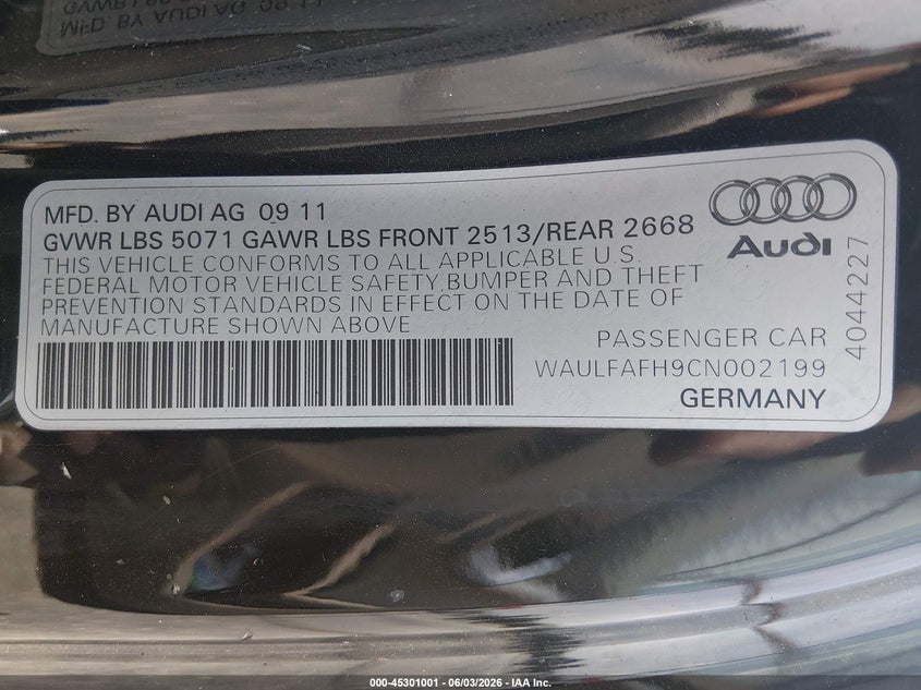 2012 Audi A5 VIN WAULFAFH9CN002199 IAAI salvage auction — REAR END, Clear (Mississippi), sold $975 on 2026-07-29 (photo 9)