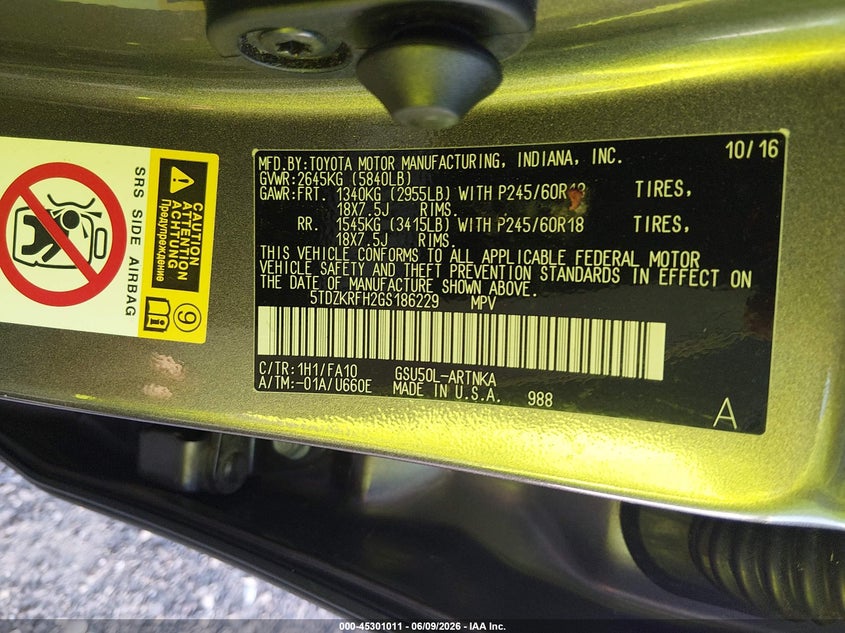 2016 Toyota Highlander VIN 5TDZKRFH2GS186229 IAAI salvage auction — FRONT END, Salvage Title, sold $6,250 on 2026-07-15 (photo 9)