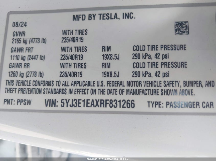 2024 Tesla Model 3 VIN 5YJ3E1EAXRF831266 IAAI salvage auction — RIGHT FRONT, Salvage Title, sold $3,050 on 2026-07-27 (photo 9)
