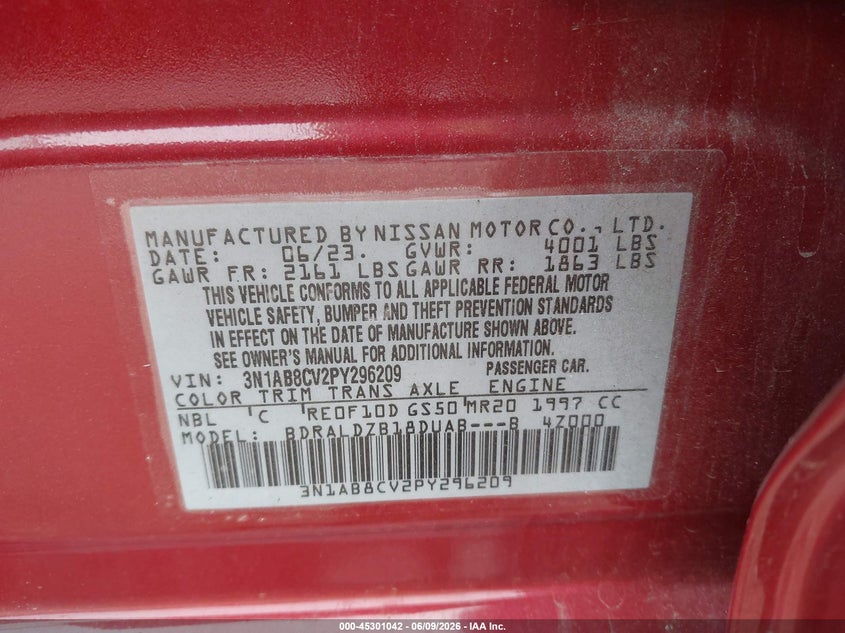 2023 Nissan Sentra VIN 3N1AB8CV2PY296209 IAAI salvage auction — FRONT END, Salvage Title, sold $2,800 on 2026-07-18 (photo 9)