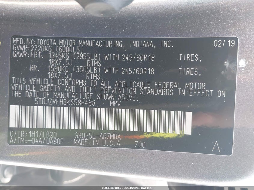 2019 Toyota Highlander VIN 5TDJZRFH8KS586488 IAAI salvage auction — FRONT END, Salvage (Idaho), sold $5,000 on 2026-07-22 (photo 9)