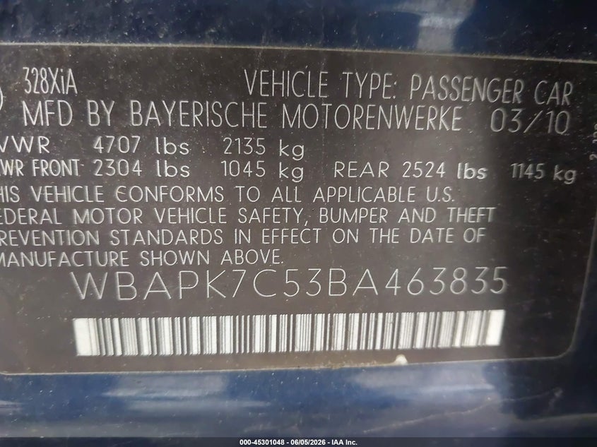 2011 BMW 3 series VIN WBAPK7C53BA463835 IAAI salvage auction — RIGHT SIDE, Mv-907A (New York), sold $625 on 2026-07-08 (photo 9)