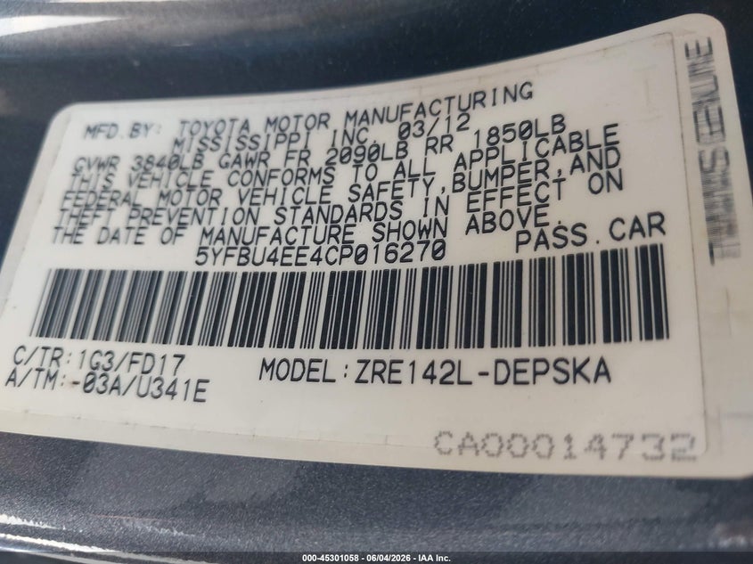 2012 Toyota Corolla VIN 5YFBU4EE4CP016270 IAAI salvage auction — NORMAL WEAR, Salvage (California), sold $775 on 2026-07-29 (photo 9)