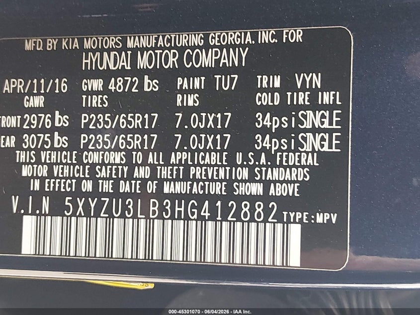 2017 Hyundai Santa fe VIN 5XYZU3LB3HG412882 IAAI salvage auction — LEFT REAR, Salvage Title, sold $2,050 on 2026-07-14 (photo 9)
