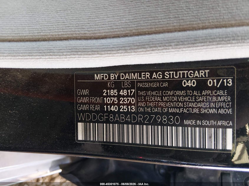 2013 Mercedes-benz C-klasse VIN WDDGF8AB4DR279830 IAAI salvage auction — RIGHT REAR, Salvage Title, sold $2,400 on 2026-07-07 (photo 9)