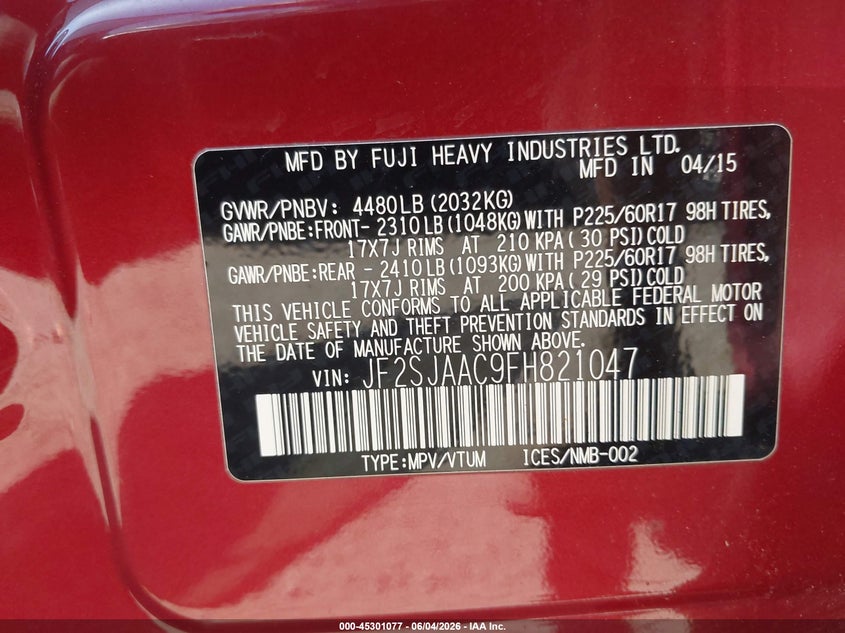2015 Subaru Forester VIN JF2SJAAC9FH821047 IAAI salvage auction — FRONT END, Salvage Title, sold $600 on 2026-07-17 (photo 9)