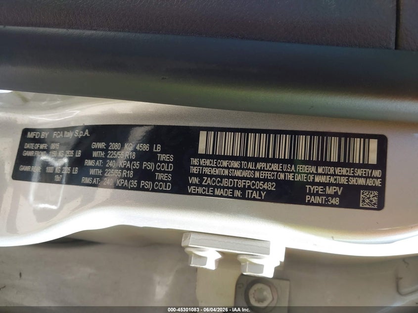 2015 Jeep Renegade VIN ZACCJBDT8FPC05482 IAAI salvage auction — FRONT END, Salvage Title, sold $675 on 2026-07-16 (photo 9)