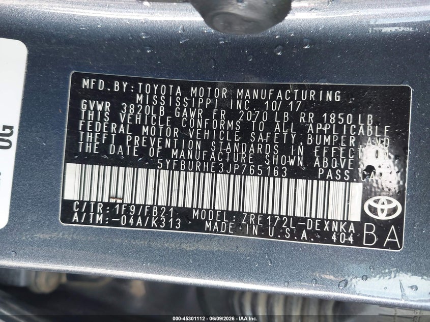 2018 Toyota Corolla VIN 5YFBURHE3JP765163 IAAI salvage auction — FRONT END, Salvage Title, sold $2,100 on 2026-07-07 (photo 9)
