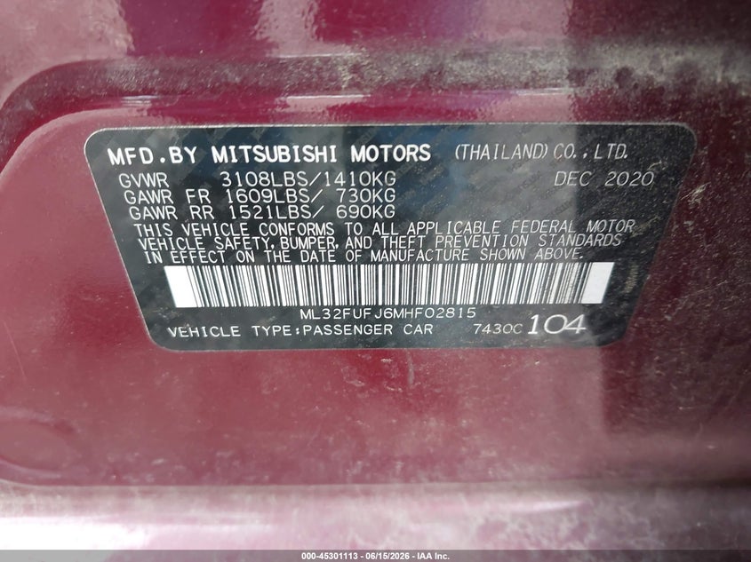 2021 Mitsubishi Mirage VIN ML32FUFJ6MHF02815 IAAI salvage auction — REAR END, Salvage (Virginia), sold $2,450 on 2026-07-28 (photo 9)