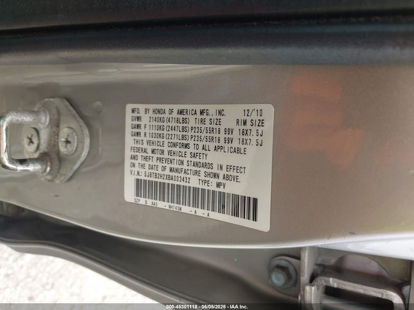 2011 Acura Rdx VIN 5J8TB2H2XBA003432 IAAI salvage auction — BIOHAZARD/CHEMICAL, Salvage (Illinois), sold $200 on 2026-07-18 (photo 9)