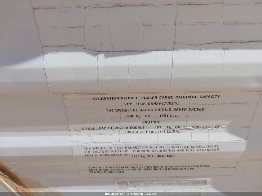 2015 Jayco Jayfl184bh VIN 1UJBJ0BNXF17V0216 IAAI salvage auction — HAIL, Original (Texas), sold $2,700 on 2026-07-30 (photo 9)
