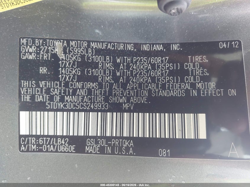 2012 Toyota Sienna VIN 5TDYK3DC5CS249933 IAAI salvage auction — FRONT END, Clear (Wisconsin), sold $2,250 on 2026-07-15 (photo 9)