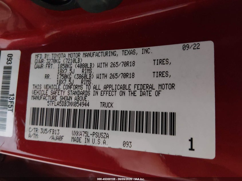 2022 Toyota Tundra VIN 5TFLA5DB3NX054944 IAAI salvage auction — FRONT END, Salvage Title, sold $9,000 on 2026-07-09 (photo 9)