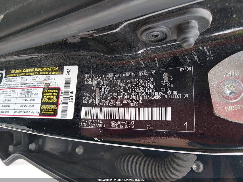 2008 Toyota Tundra VIN 5TFDV58168X054046 IAAI salvage auction — HAIL, Clear (Missouri), sold $4,300 on 2026-07-23 (photo 9)