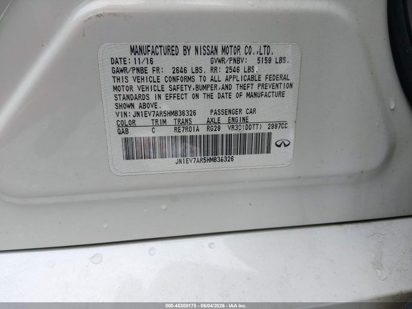 2017 Infiniti Q50 VIN JN1EV7AR5HM836326 IAAI salvage auction — MECHANICAL, Salvage (Louisiana), sold $1,050 on 2026-07-29 (photo 9)