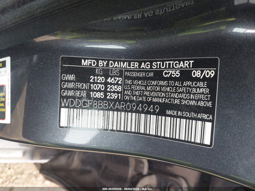 2010 Mercedes-benz C class VIN WDDGF8BBXAR094949 IAAI salvage auction — FRONT END, Salvage (Minnesota), sold $1,050 on 2026-08-02 (photo 9)