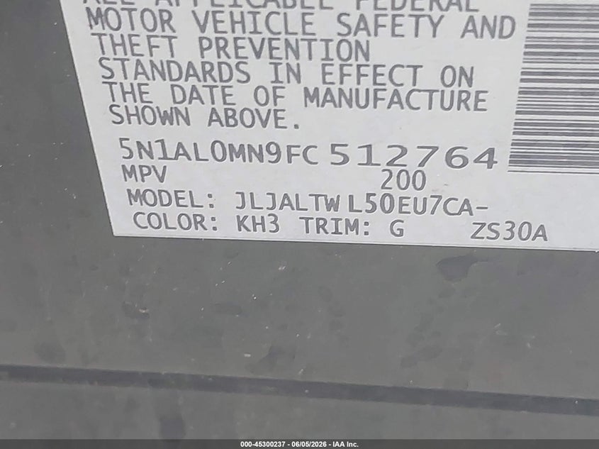 2015 Infiniti Qx60 VIN 5N1AL0MN9FC512764 IAAI salvage auction — FRONT END, Salvage Title, sold $1,800 on 2026-07-21 (photo 9)