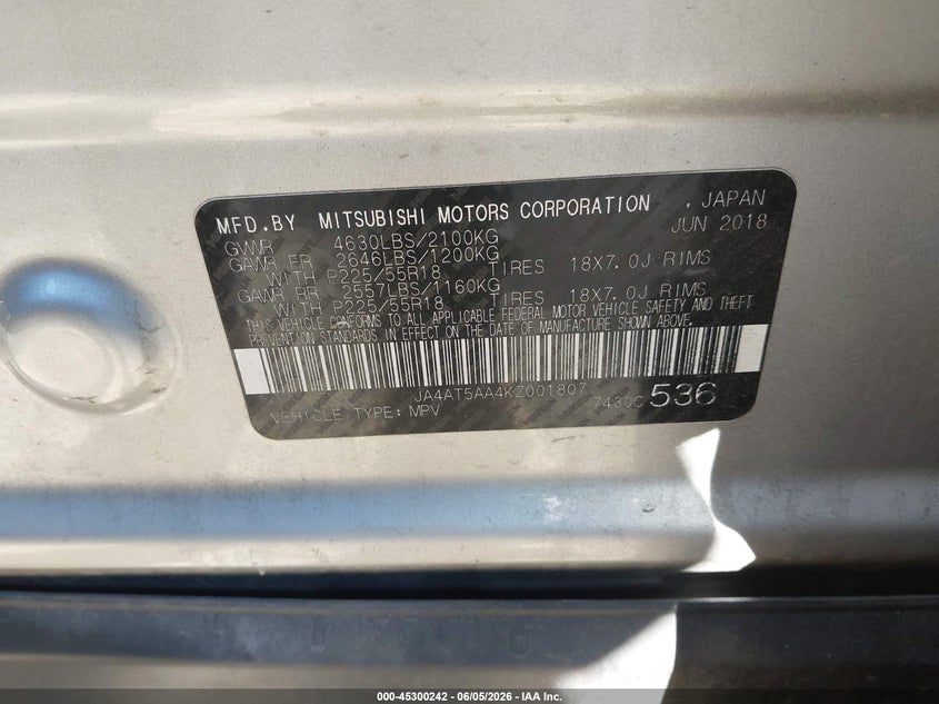 2019 Mitsubishi Eclipse cross VIN JA4AT5AA4KZ001807 IAAI salvage auction — FRONT END, Salvage Title, sold $3,650 on 2026-07-07 (photo 9)