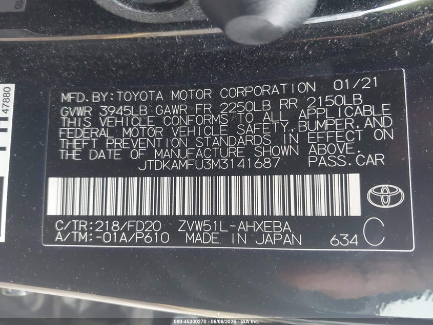 2021 Toyota Prius VIN JTDKAMFU3M3141687 IAAI salvage auction — REAR END, Salvage Title, sold $6,475 on 2026-07-09 (photo 9)