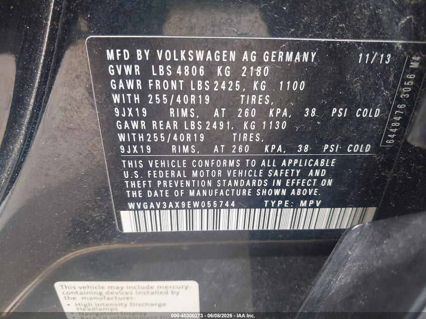 2014 Volkswagen Tiguan VIN WVGAV3AX9EW055744 IAAI salvage auction — FRONT END, Salvage Title, sold $375 on 2026-07-17 (photo 9)