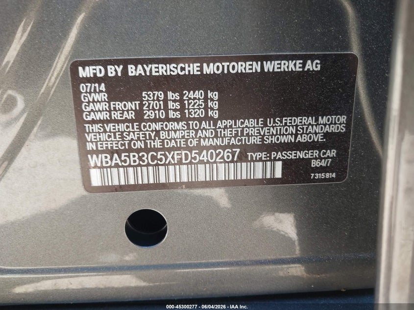 2015 BMW 5er VIN WBA5B3C5XFD540267 IAAI salvage auction — REAR END, Salvage Title, sold $2,350 on 2026-07-25 (photo 9)