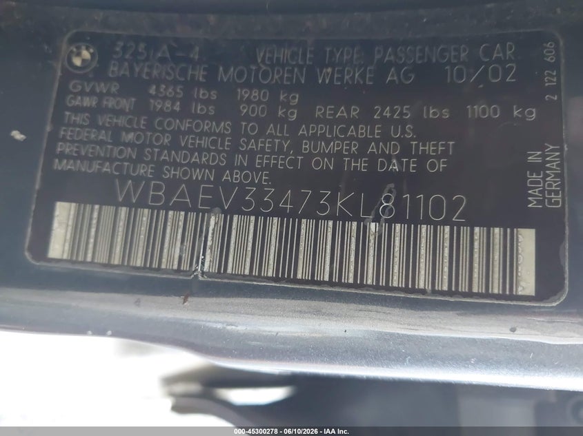2003 BMW 3 series VIN WBAEV33473KL81102 IAAI salvage auction — FRONT END, Salvage (Georgia), sold $300 on 2026-07-14 (photo 9)