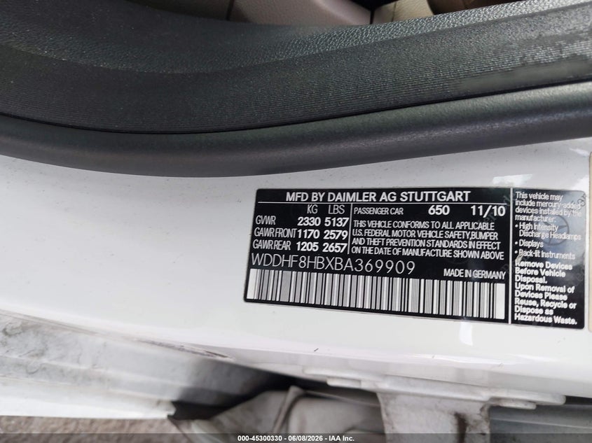 2011 Mercedes-benz E-class VIN WDDHF8HBXBA369909 IAAI salvage auction — REAR END, Salvage (Idaho), sold $2,350 on 2026-08-04 (photo 9)