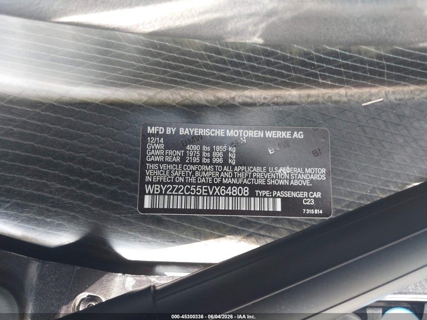 2014 BMW I8 VIN WBY2Z2C55EVX64808 IAAI salvage auction — UNDERCARRIAGE, Salvage Title, sold $15,200 on 2026-08-19 (photo 9)