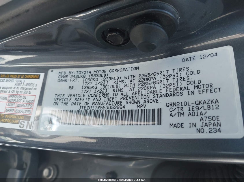 2005 Toyota 4runner VIN JTEZU17R550053964 IAAI salvage auction — FRONT END, Salvage (California), sold $1,350 on 2026-07-09 (photo 9)