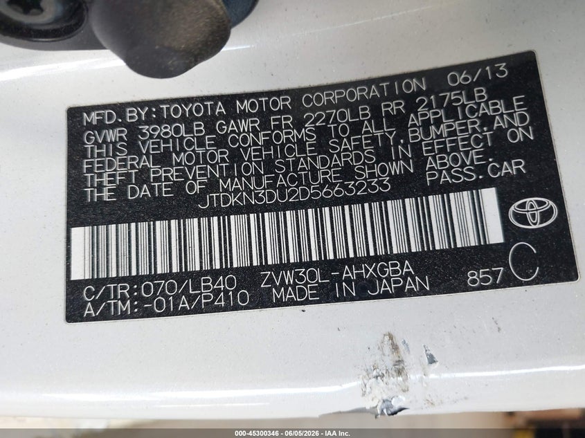 2013 Toyota Prius VIN JTDKN3DU2D5663233 IAAI salvage auction — BIOHAZARD/CHEMICAL, Salvage Title, sold $425 on 2026-07-16 (photo 9)
