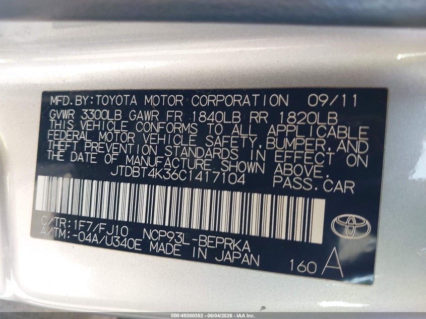 2012 Toyota Yaris VIN JTDBT4K36C1417104 IAAI salvage auction — FRONT END, Salvage Title, sold $475 on 2026-07-14 (photo 9)
