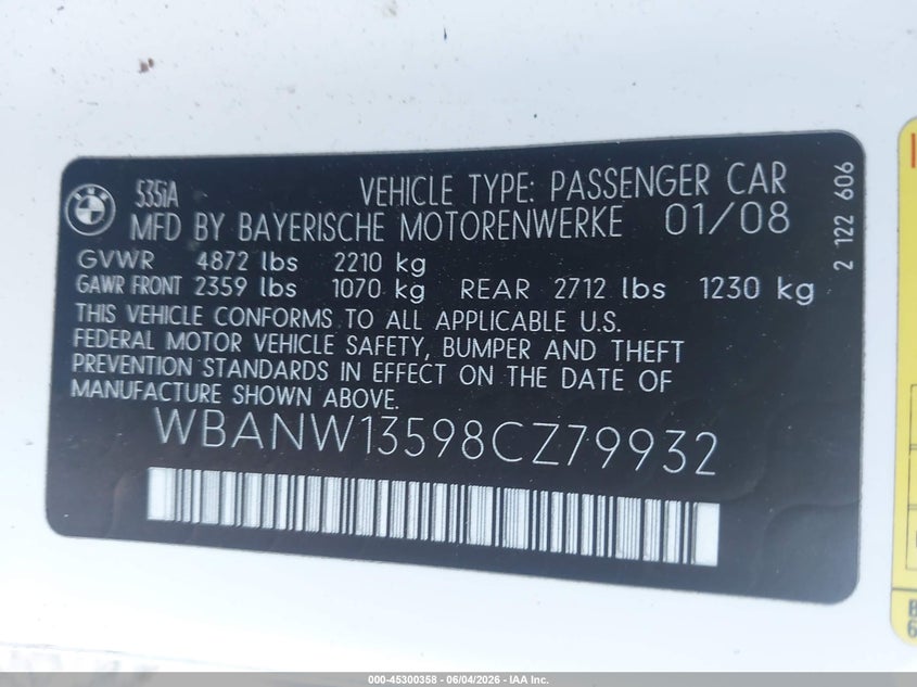 2008 BMW 5 series VIN WBANW13598CZ79932 IAAI salvage auction — LEFT & RIGHT, Repossession Paperwork (Georgia), sold $1,050 on 2026-07-14 (photo 9)